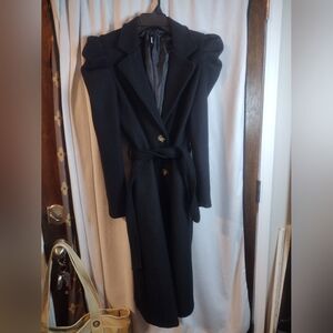 Venti6 Wool Blend Black Coat With Ruffles On Shoulders